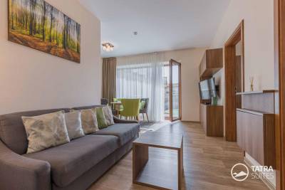 Obývacia časť s TV a rozkladacou pohovkou, TATRA SUITES - Harmony Apartment B301, Vysoké Tatry