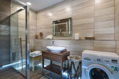 Kúpeľňa so sprchovým kútom a pračkou, AC Apartmán Smrek 47, Vysoké Tatry