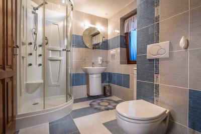 Spoločná kúpeľňa so sprchovým kútom a toaletou, Luxusný zrub, Veľká Lomnica