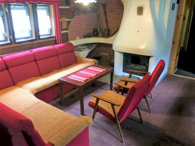 Obývačka s pohovkou a krbom, Originálna drevenica Jezersko 43, Jezersko