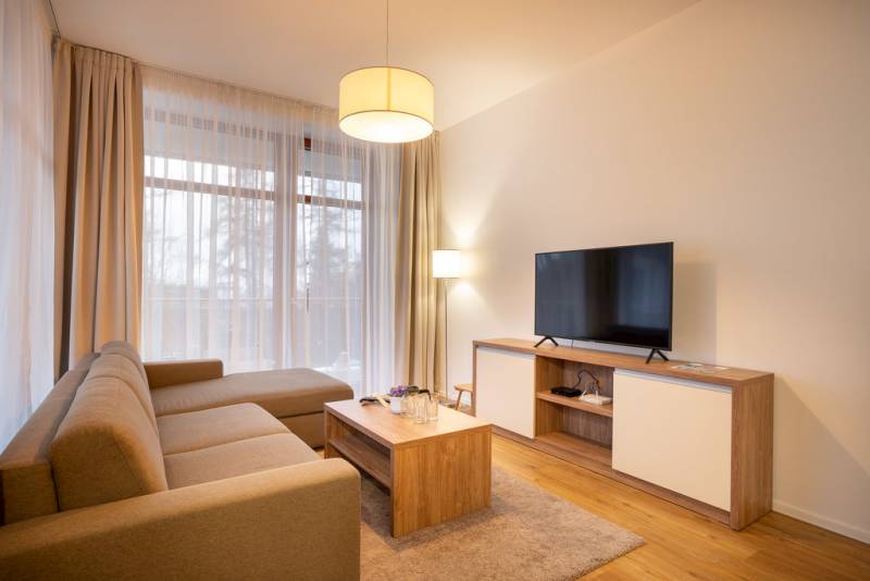 Obývačka s pohovkou a LCD TV, Apartmán Hrebienok D4, Vysoké Tatry